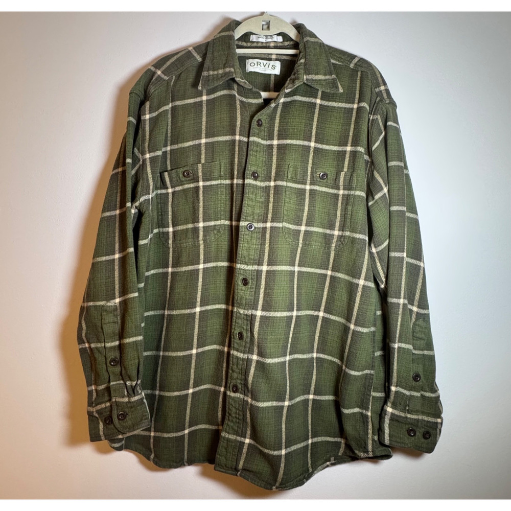 Orvis Heavyweight Green Plaid Flannel Shacket Men’s Large 100% Cotton, Pockets